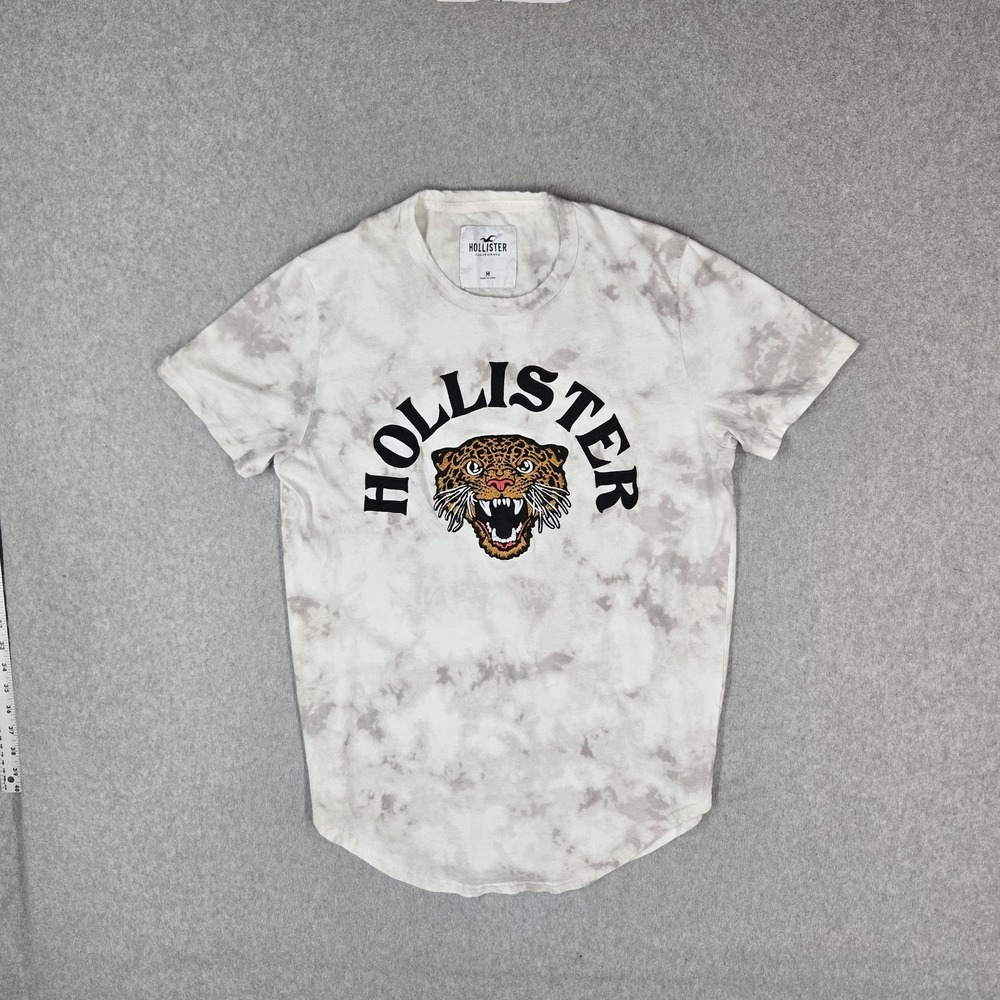 Hollister Men Shirt M White Embroidered Tie Dye Leopard Head Logo Short Sleeve